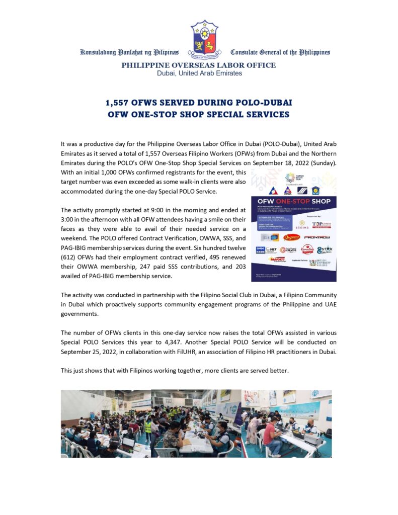 NEWS RELEASE: 1,557 OFWs SERVED DURING POLO-DUBAI OFW ONE-STOP SHOP SPECIAL SERVICES
