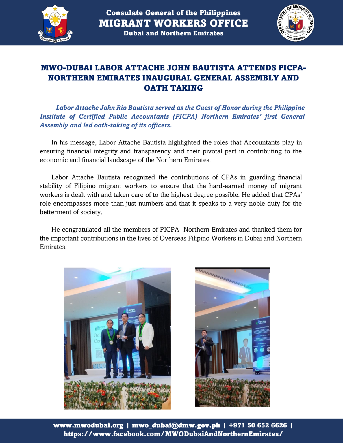 MWO-DUBAI LABOR ATTACHE JOHN BAUTISTA ATTENDS PICPA-NORTHERN EMIRATES ...