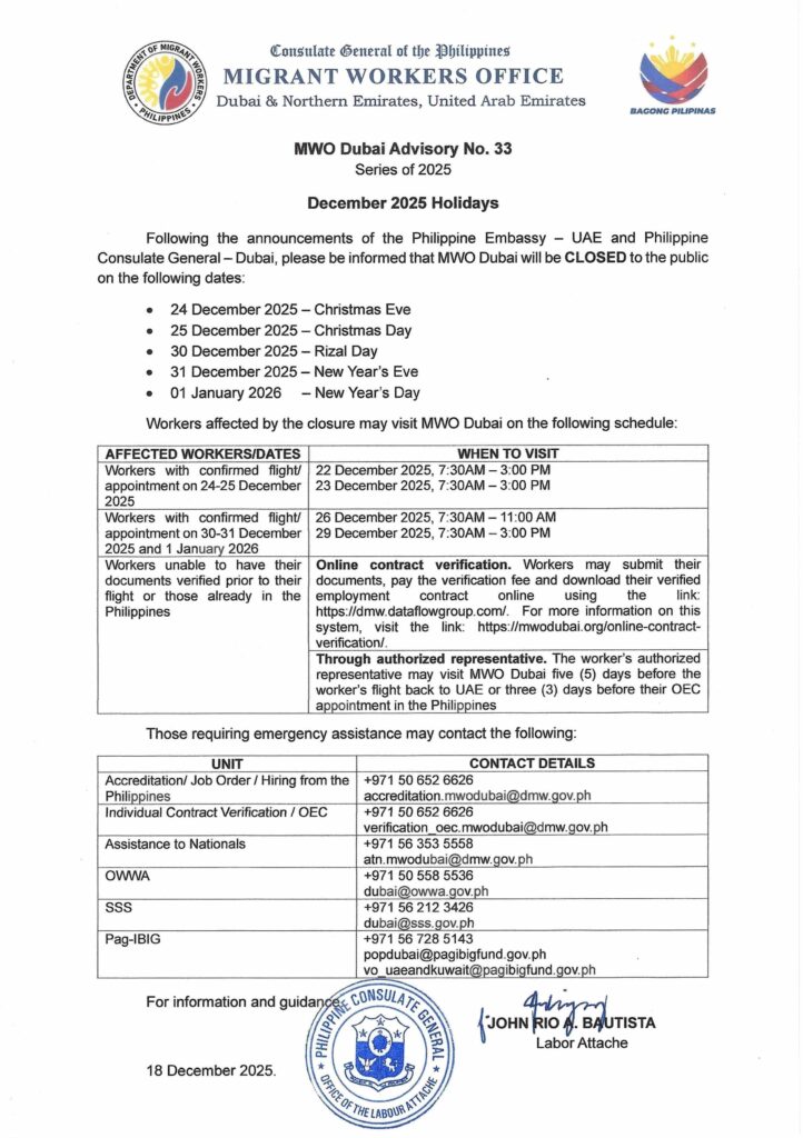 MWO DUBAI ADVISORY NO. 33, SERIES OF 2025; DECEMBER 2025 HOLIDAY