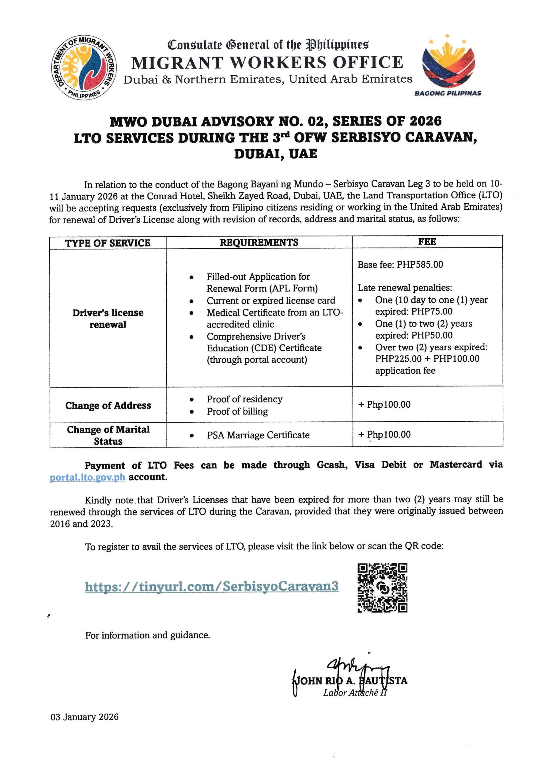 MWO DUBAI ADVISORY NO. 02, SERIES OF 2026, LTO SERVICES DURING THE 3RD OFW SERBISYO CARAVAN, DUBAI, UAE
