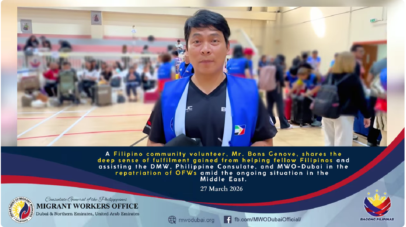 𝐀 𝐅𝐢𝐥𝐢𝐩𝐢𝐧𝐨 𝐜𝐨𝐦𝐦𝐮𝐧𝐢𝐭𝐲 𝐯𝐨𝐥𝐮𝐧𝐭𝐞𝐞𝐫, 𝐌𝐫. 𝐁𝐨𝐧𝐬 𝐆𝐞𝐧𝐨𝐯𝐞, 𝐬𝐡𝐚𝐫𝐞𝐬 𝐭𝐡𝐞 𝐝𝐞𝐞𝐩 𝐬𝐞𝐧𝐬𝐞 𝐨𝐟 𝐟𝐮𝐥𝐟𝐢𝐥𝐦𝐞𝐧𝐭 𝐠𝐚𝐢𝐧𝐞𝐝 𝐟𝐫𝐨𝐦 𝐡𝐞𝐥𝐩𝐢𝐧𝐠 𝐟𝐞𝐥𝐥𝐨𝐰 𝐅𝐢𝐥𝐢𝐩𝐢𝐧𝐨𝐬 𝐚𝐧𝐝 𝐚𝐬𝐬𝐢𝐬𝐭𝐢𝐧𝐠 𝐭𝐡𝐞 𝐃𝐌𝐖, 𝐏𝐡𝐢𝐥𝐢𝐩𝐩𝐢𝐧𝐞 𝐂𝐨𝐧𝐬𝐮𝐥𝐚𝐭𝐞, 𝐚𝐧𝐝 𝐌𝐖𝐎-𝐃𝐮𝐛𝐚𝐢 𝐢𝐧 𝐭𝐡𝐞 𝐫𝐞𝐩𝐚𝐭𝐫𝐢𝐚𝐭𝐢𝐨𝐧 𝐨𝐟 𝐎𝐅𝐖𝐬 𝐚𝐦𝐢𝐝 𝐭𝐡𝐞 𝐨𝐧𝐠𝐨𝐢𝐧𝐠 𝐬𝐢𝐭𝐮𝐚𝐭𝐢𝐨𝐧 𝐢𝐧 𝐭𝐡𝐞 𝐌𝐢𝐝𝐝𝐥𝐞 𝐄𝐚𝐬𝐭.