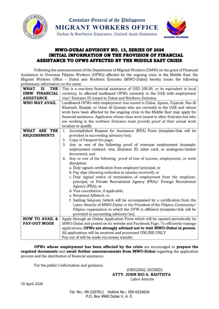 𝗠𝗪𝗢-𝗗𝗨𝗕𝗔𝗜 𝗔𝗗𝗩𝗜𝗦𝗢𝗥𝗬 𝗡𝗢. 𝟭𝟯, 𝗦𝗘𝗥𝗜𝗘𝗦 𝗢𝗙 𝟮𝟬𝟮𝟲 𝗜𝗡𝗜𝗧𝗜𝗔𝗟 𝗜𝗡𝗙𝗢𝗥𝗠𝗔𝗧𝗜𝗢𝗡 𝗢𝗡 𝗧𝗛𝗘 𝗣𝗥𝗢𝗩𝗜𝗦𝗜𝗢𝗡 𝗢𝗙 𝗙𝗜𝗡𝗔𝗡𝗖𝗜𝗔𝗟 𝗔𝗦𝗦𝗜𝗦𝗧𝗔𝗡𝗖𝗘 𝗧𝗢 𝗢𝗙𝗪𝗦 𝗔𝗙𝗙𝗘𝗖𝗧𝗘𝗗 𝗕𝗬 𝗧𝗛𝗘 𝗠𝗜𝗗𝗗𝗟𝗘 𝗘𝗔𝗦𝗧 𝗖𝗥𝗜𝗦𝗜𝗦