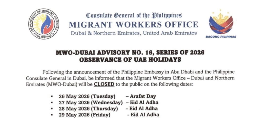 MWO-DUBAI ADVISORY NO. 16, SERIES OF 2026 OBSERVANCE OF UAE HOLIDAYS